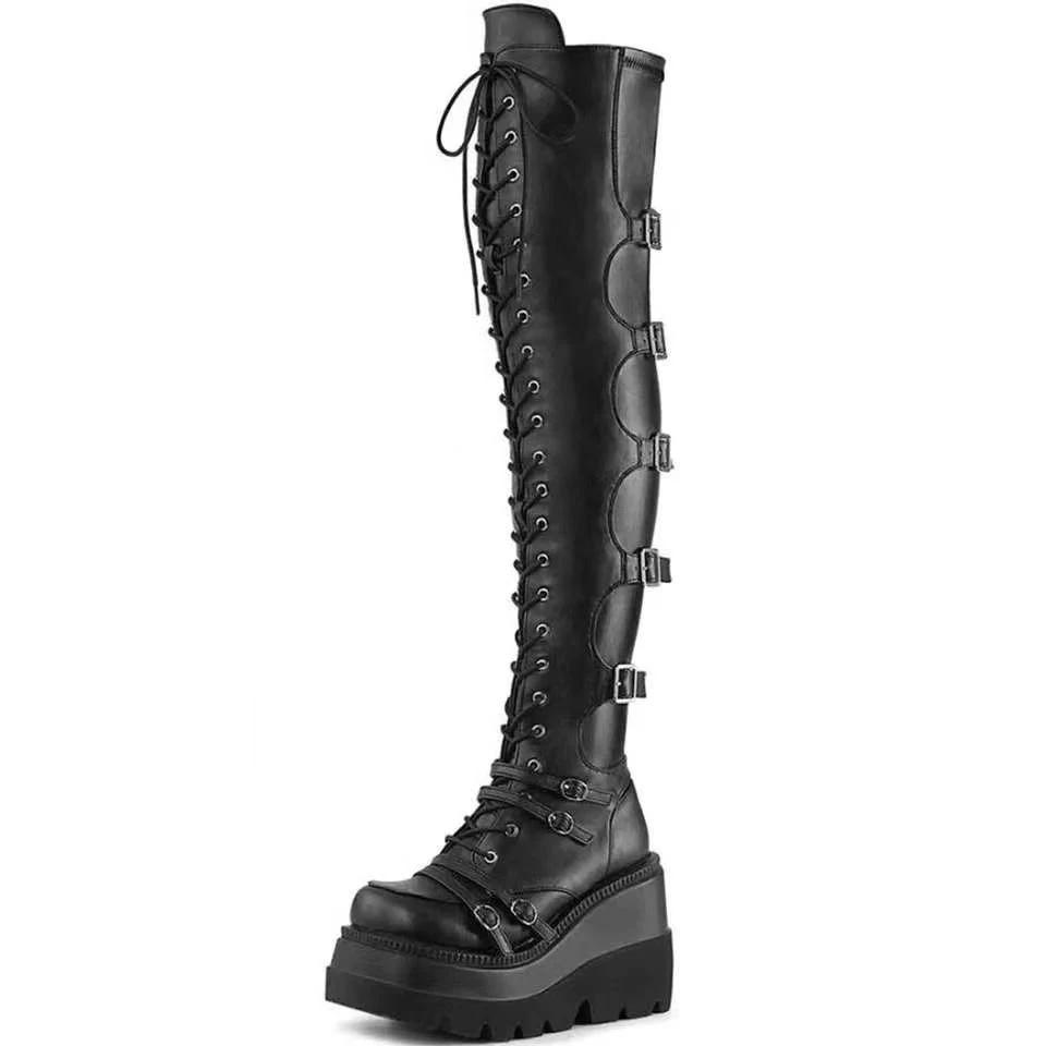 Women'S Thigh High Boots Black Punk Gothic Woman Sexy Long Boots Large Size Women Platform Shoes Leather Knight Boots Wedges