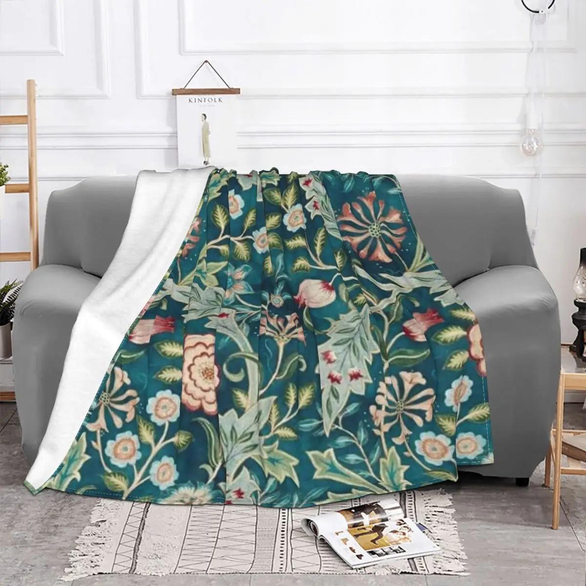 William Morris - Wilhelmina- Teal Green Blue Vintage Floral Botanical Pattern Throw Blanket Decorative Bed Blankets 75X95CM
