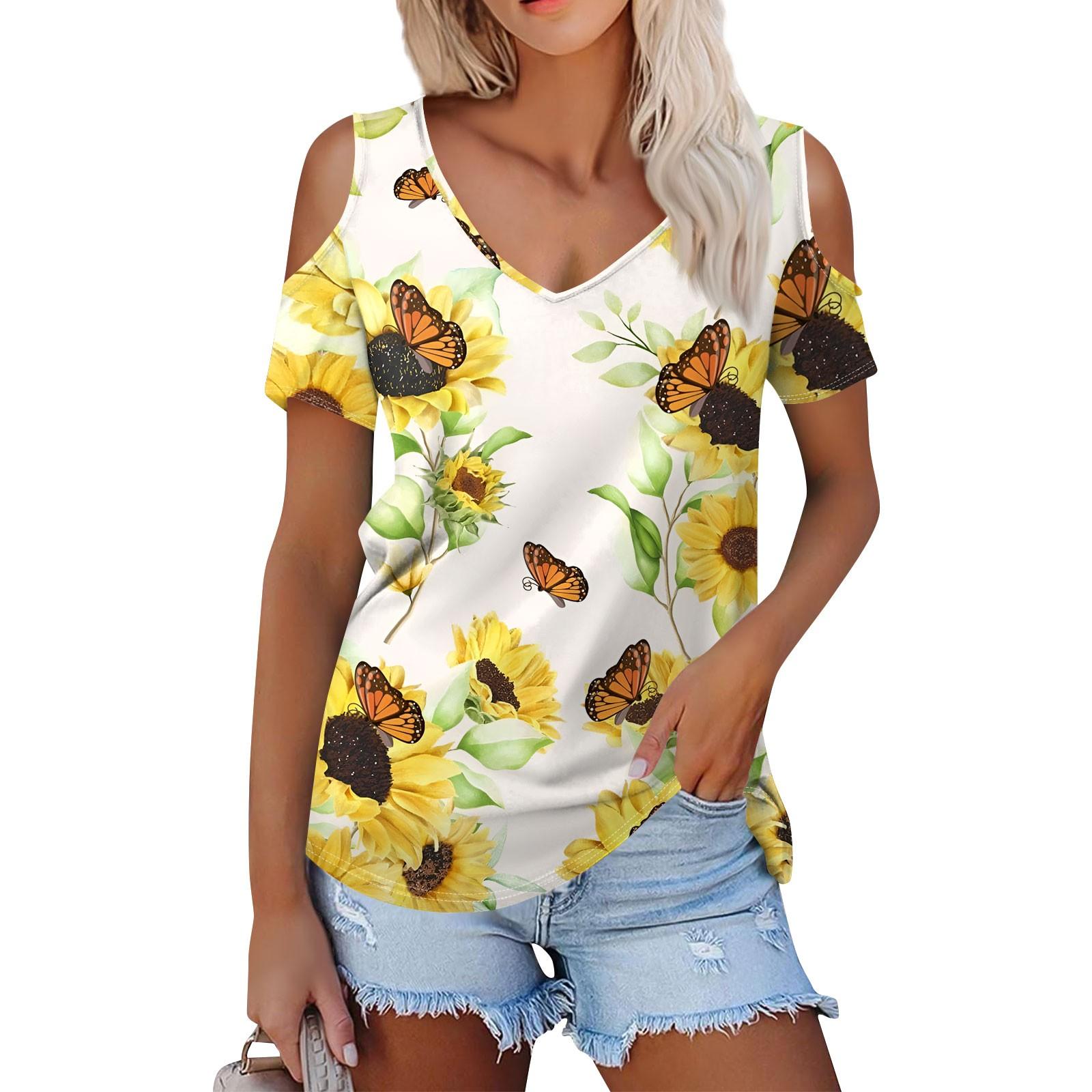 

Женская летняя модная повседневная футболка без бретелек с v-образным вырезом и коротким рукавом с принтом подсолнечника, топ XXL белый