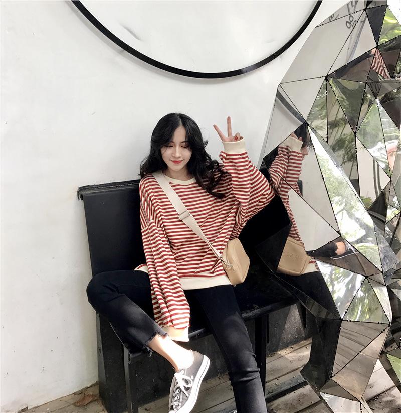 2025 Women's Korean Style Color Block Retro Stripe Hoodie - Spring/Autumn Casual Loose Fit