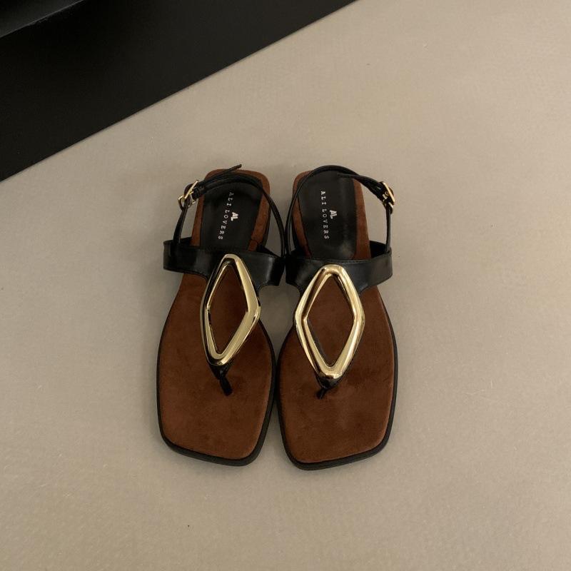 French Wedge Heel Metal Buckle Niche Toe Sandals Women's Summer 2025 New Models with Skirts Vacation Beach Roman Shoes