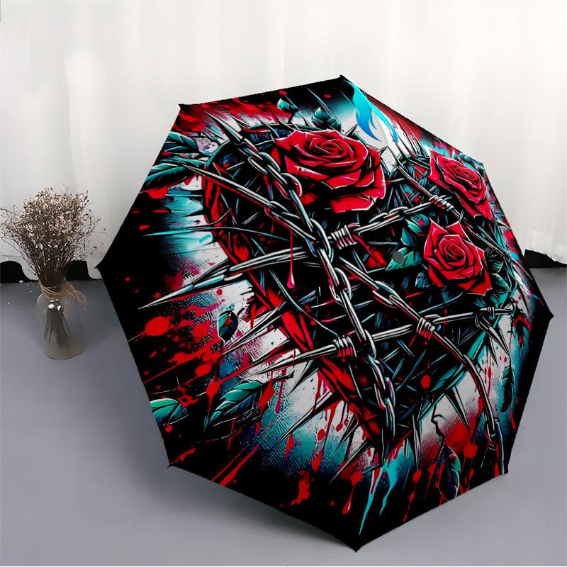 1pc Barbed Wire Roses Automatic Opening/closing umbrella, Reinforced 8-Rib Construction, Compact Travel Umbrella yy250808149