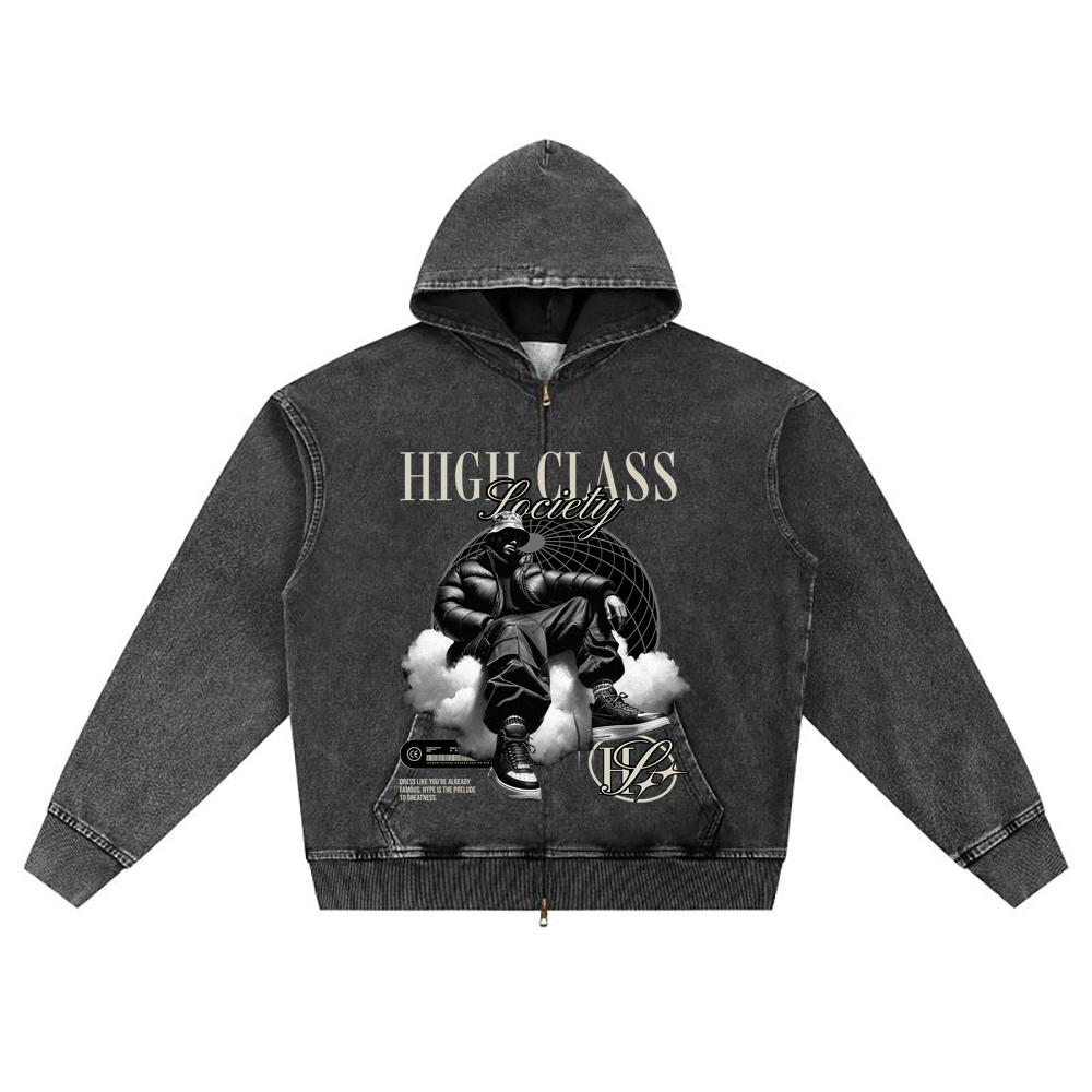 DTG print Knitted Denim Zip-Up Hoodie Streetwear Graphic Brother Print Zipper Hoodies  