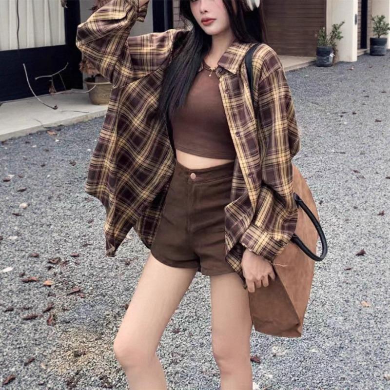 Plaid Shirt Women's Long Sleeve Top Spring and Autumn Korean Loose Retro Lazy Cardigan Shirt Jacket