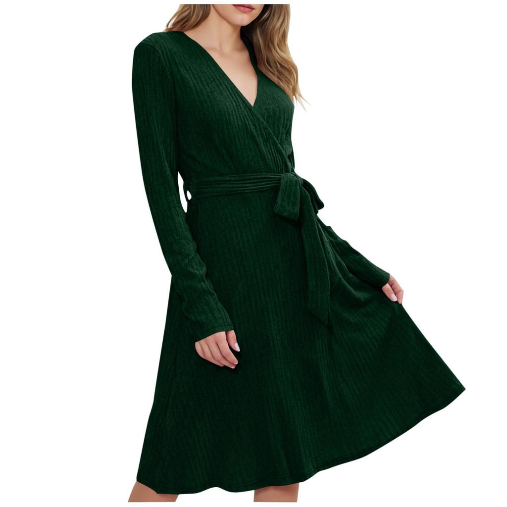 Women's Fashionable Loose-Fit V-Neck Long-Sleeve Tie-Detail Casual Dress