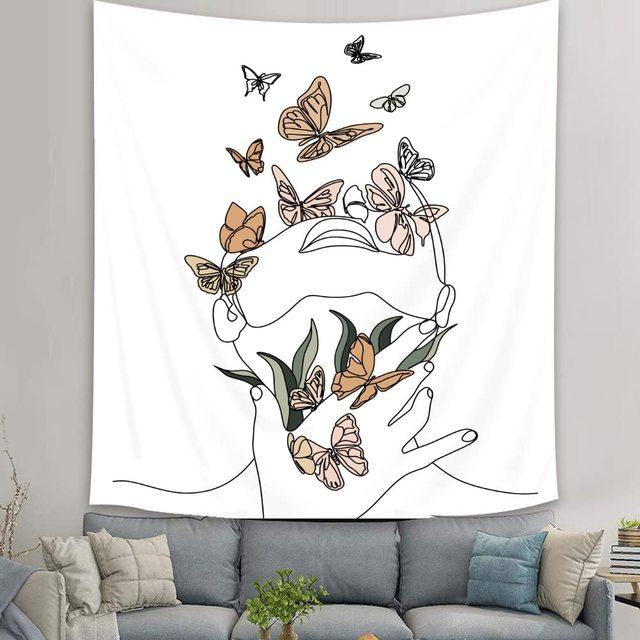 Abstract Woman Tapestry Aesthetic Boho Home Decor Butterfly Fabric Wall Hanging Modern Flower Plant Bedroom Office Decoration