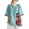 Vintage Bedrucktes Oberteil Locker Kurzärmeliges T-Shirt Damen Sommer O-Ausschnitt Lässig Einsätze Tasche Tee Tops Weiblich 2025 Neu