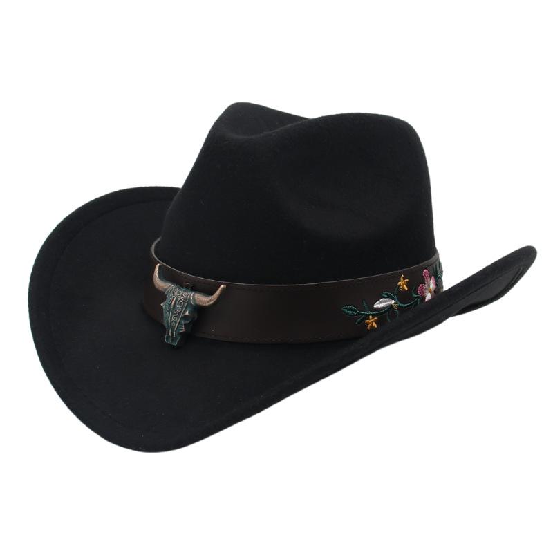 Western Cowboy Hat Tibetan Ethnic Top Hat Bull Head Flower Belt Accessories Felt Hat Curled Hat