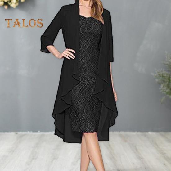 2 Teile/satz Damen Strickjacke Kleid Set Spitze Blumenstickerei O Hals Slim Fit Midikleid Dünn Unregelmäßig Dreiviertel Ärmel Mittellang Mantel Formal