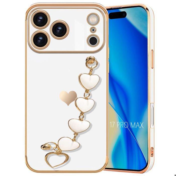 Coque - BOOLING - pour iPhone 17 Pro Max - Silicone Blanc Souple avec Bracelet Motif Cœur
