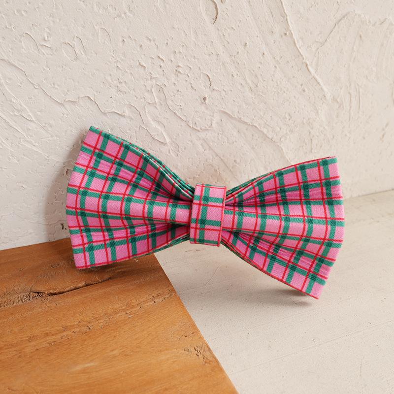 MUTTCO Pink & Green Plaid Pet Collar with Bow Tie - Teddy Creative Ornament UBT-148 S (10*6CM)