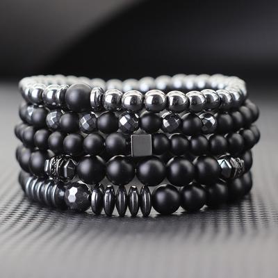 Pánský set náramků z 5 kusů s černým žlučovým kamenem, ručně vyráběným hematitem a onyxem, vícevrstvý nastavitelný meditační léčivý náramek