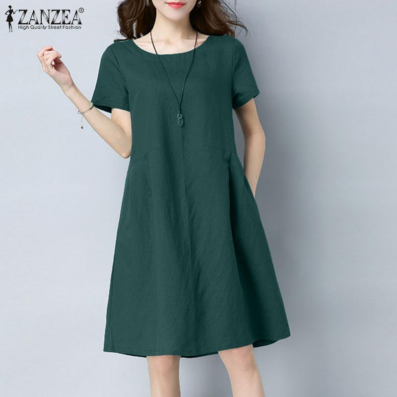 

ZANZEA Женское повседневное однотонное летнее платье с короткими рукавами и круглым вырезом