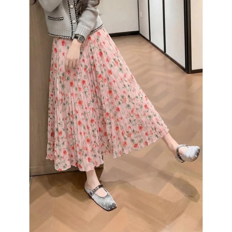 women floral print pleated chiffon midi skirt elastic waist casual a-line flowy skirt S розовый