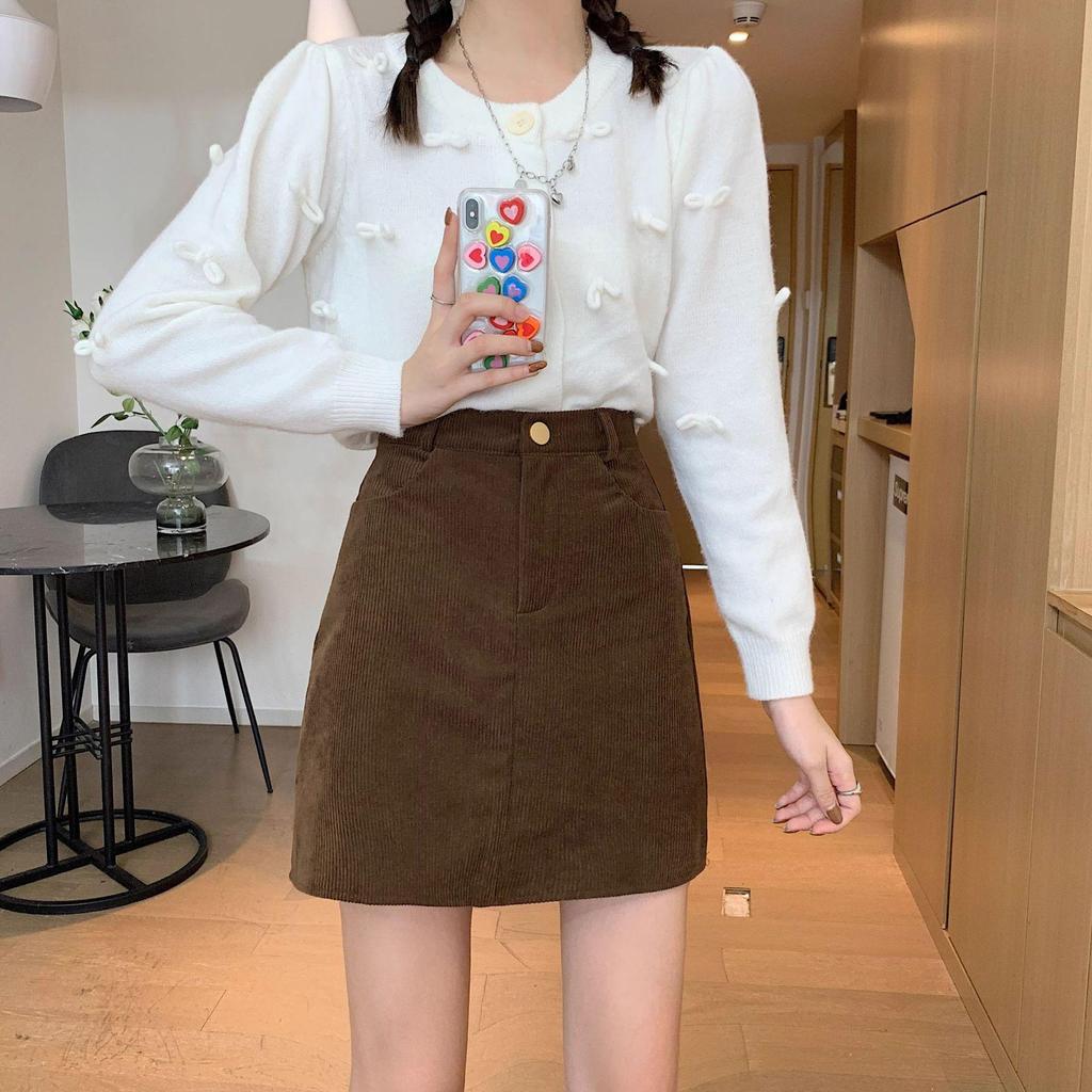 2023 Autumn/Winter Women's High Waist Corduroy Retro A-Line Skirt - Slim, Anti-Exposure, Korean Style