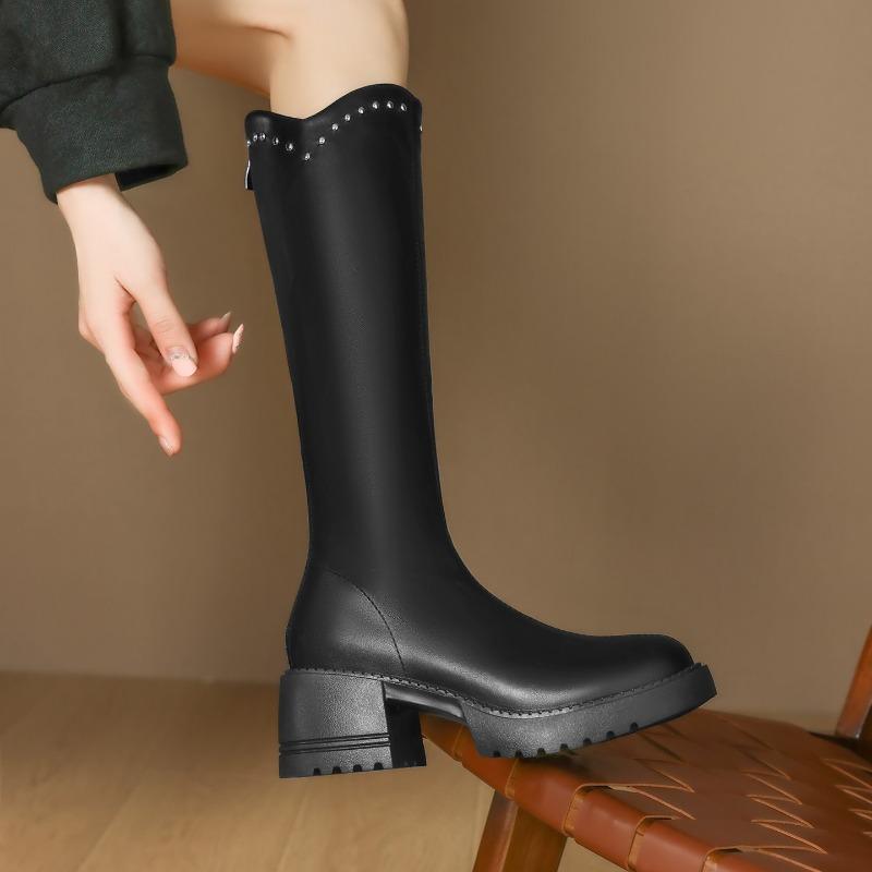 Women Leather Knee High Riding Boots Round Toe Thick High Heel Zipper Ladies Rivet Long Boot Autumn Winter Shoes