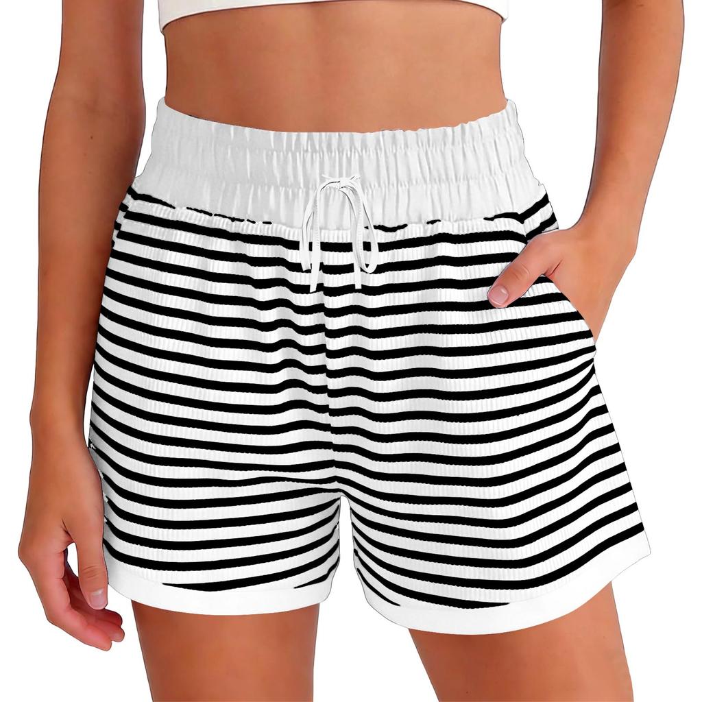 Women's Fashionable Relaxed-fit Striped Shorts With An Elasticated Waist Drawstring And Pockets