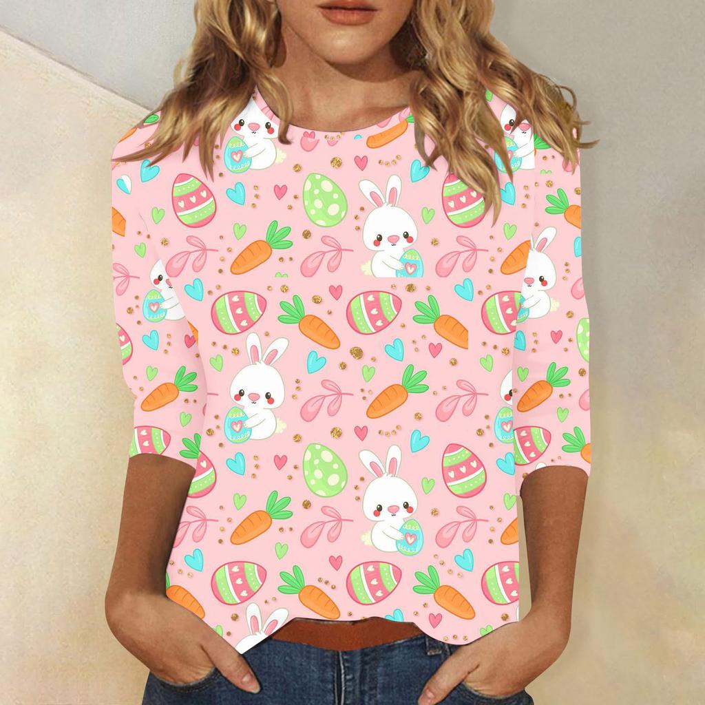 Round Neck 3D Rabbit Festival Printed Top Fashionable Casual Long Sleeved Women's T-shirts