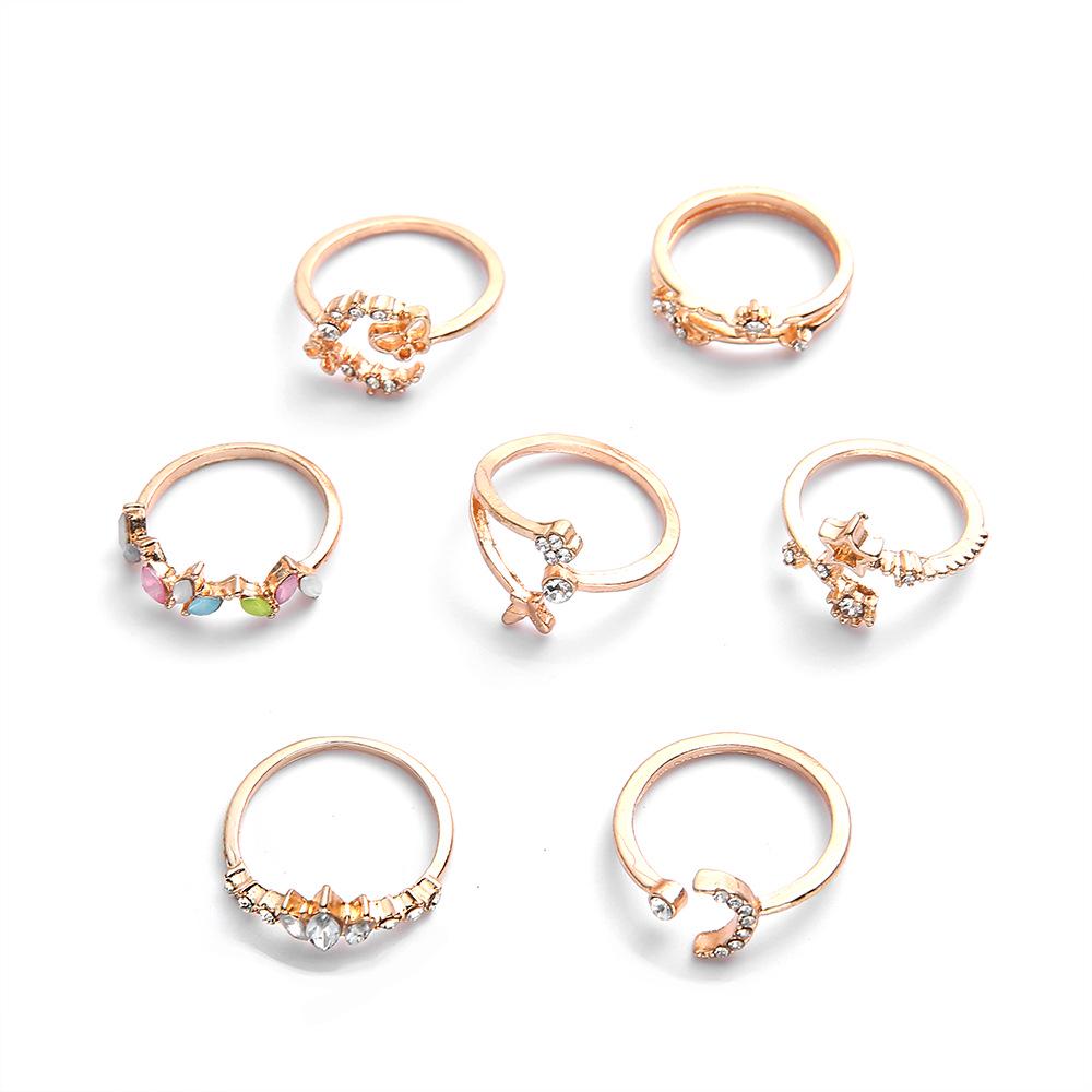 European-American Minimalist Butterfly & Flower Inlaid Diamond Ring Set with Colorful Moon, Star, and Pentagram - 7 Pieces
