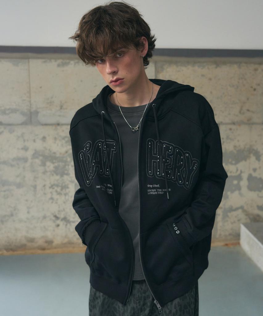 Leathery Double Line Stud Applique Hoodie [Melange]