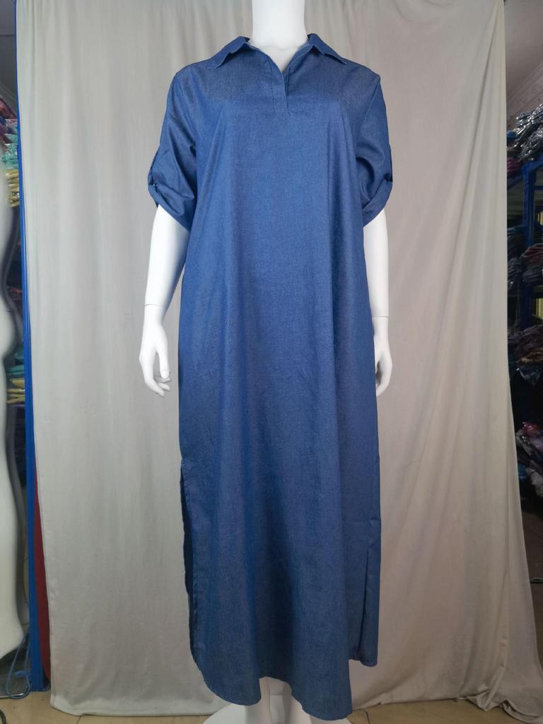 2024 Plus Size Women's Denim Dress - European & American Style, Solid Color