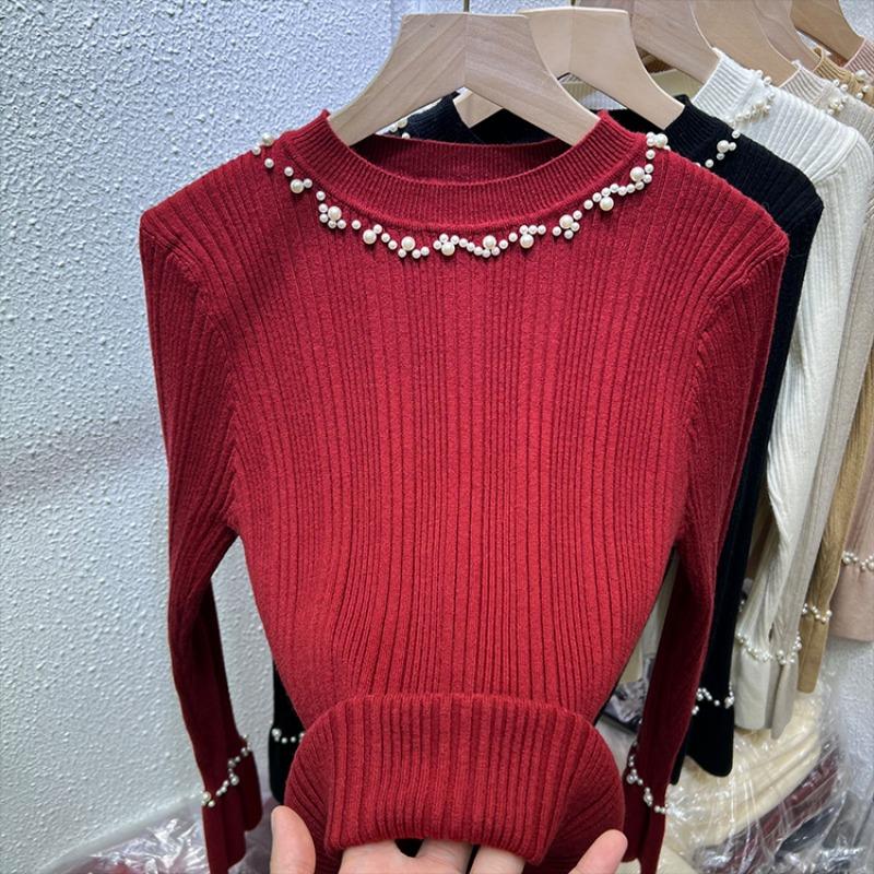 Podzimní Nový Svetr Pletený s Korálky Dlouhý Rukáv Dámský Zimní Slim Fit Základní Pulovr Svetry pro Ženy Módní Elegantní Jednobarevné Teplé Svetry Topy 24868