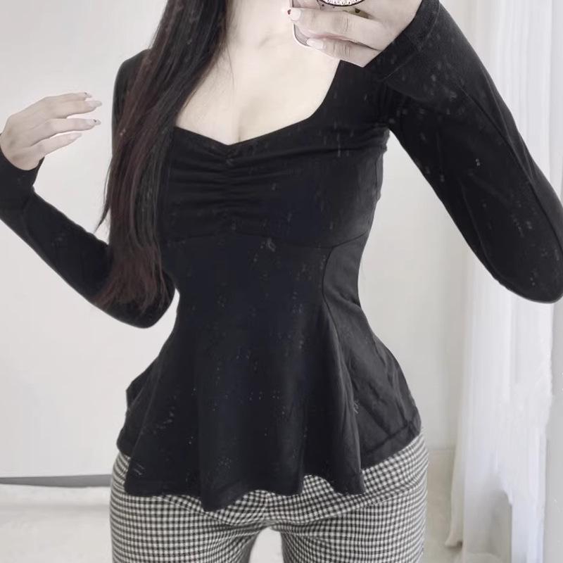 Korean V-neck Ruffle Long Sleeve Waist-Cinching Base Layer T-shirt One Size чёрный