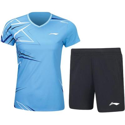Li Ning Badminton Serie V-Ausschnitt Kurzarm T-Shirt und Mid-Waist Elastische Shorts Set Unisex Sportbekleidung AATU052-3