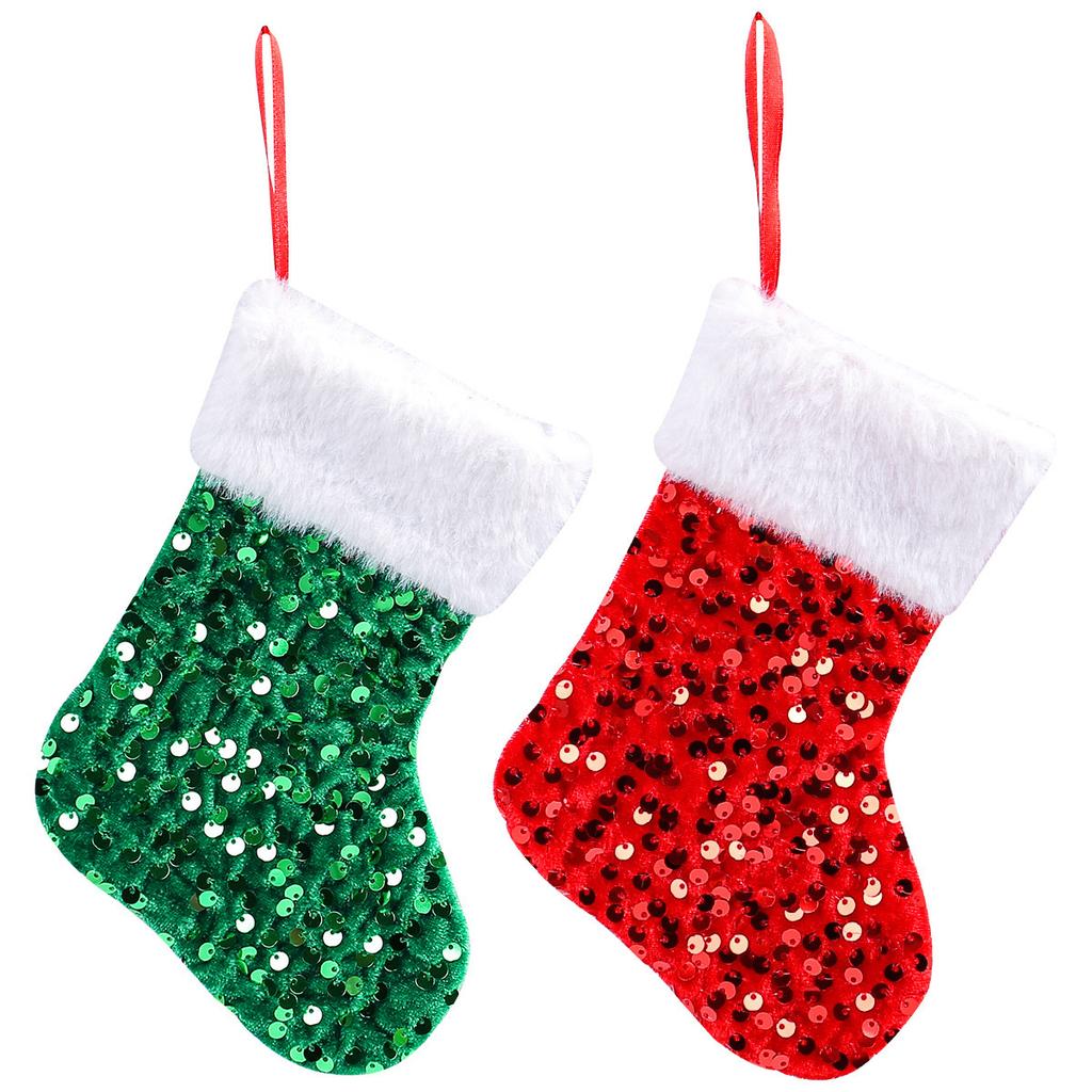 Glitter Christmas Stocking Pendant Plush White Border Sparkling Xmas Tree Decorations Candy Bags Home New Year Party Ornaments