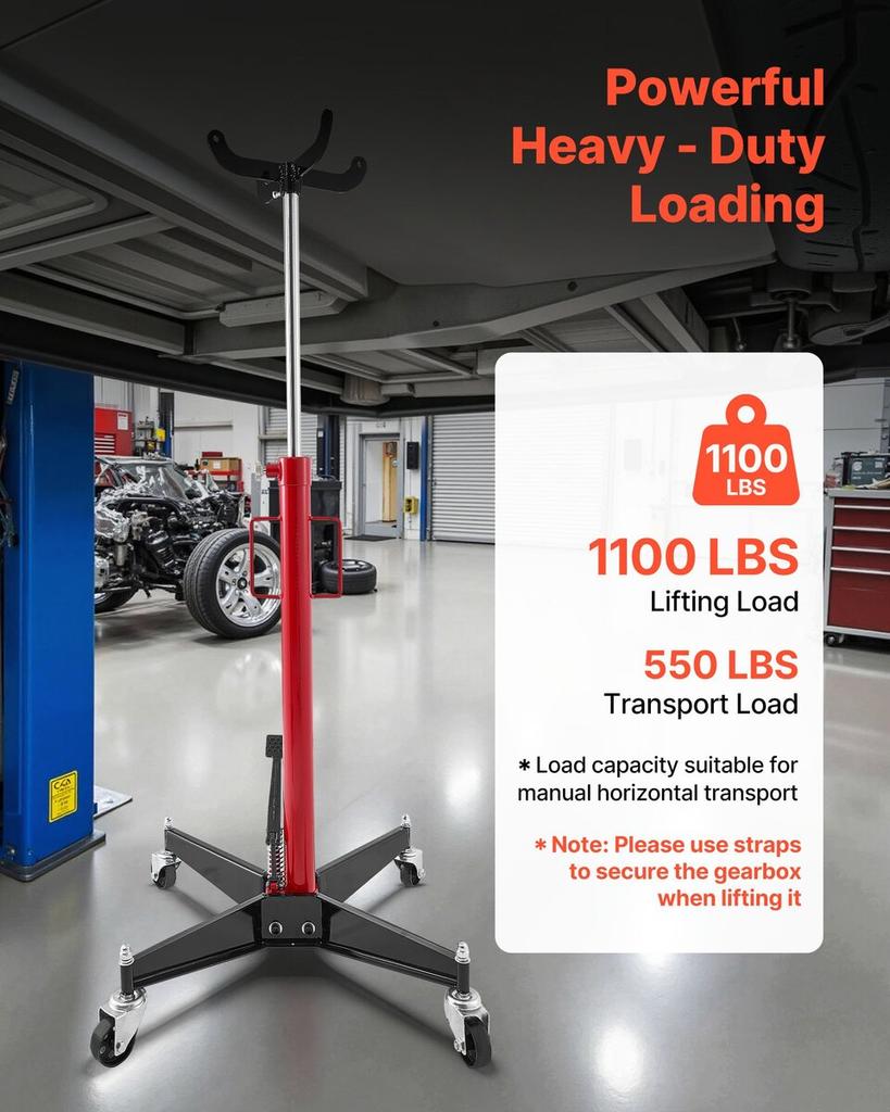 Hydraulic Transmission Jack, 1100 Lbs / 0.5 Ton Lifting Capacity Telescoping Transmission Jack with Foot Pedal, 360° Swivel Wheel, 112-187 Cm High