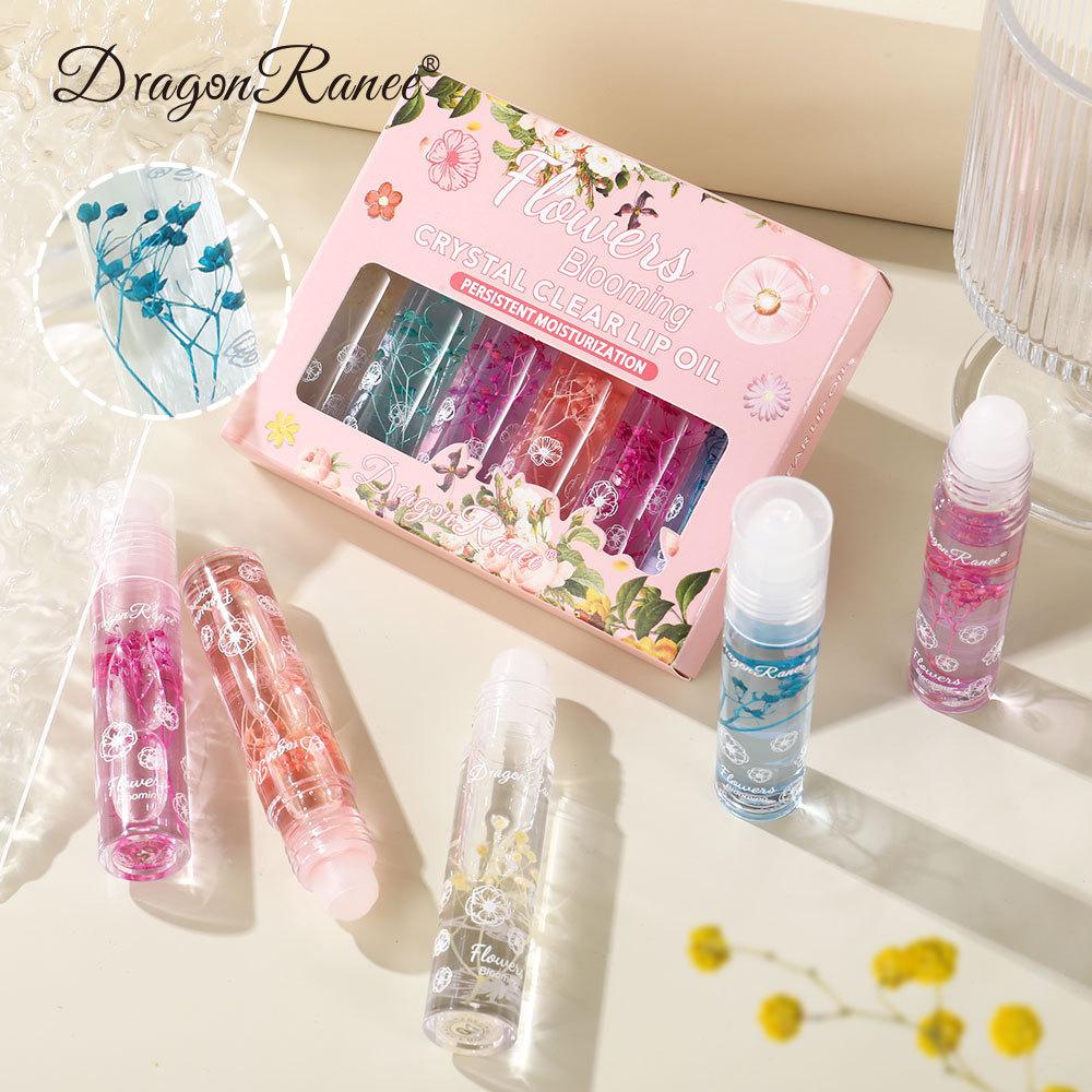 Dragon Ranee 6pcs Dried Flower Clear Lip Oil Set - Hydrating & Moisturizing, Rollerball Application, Autumn/Winter Essential