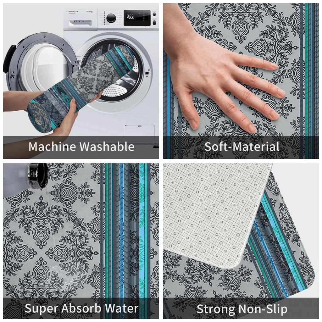 Teal, Aqua and Grey Vintage Bohemian Wallpaper Anti-slip Doormat Floor Mat for Kitchen Entrance Home Living room Footpad Mats