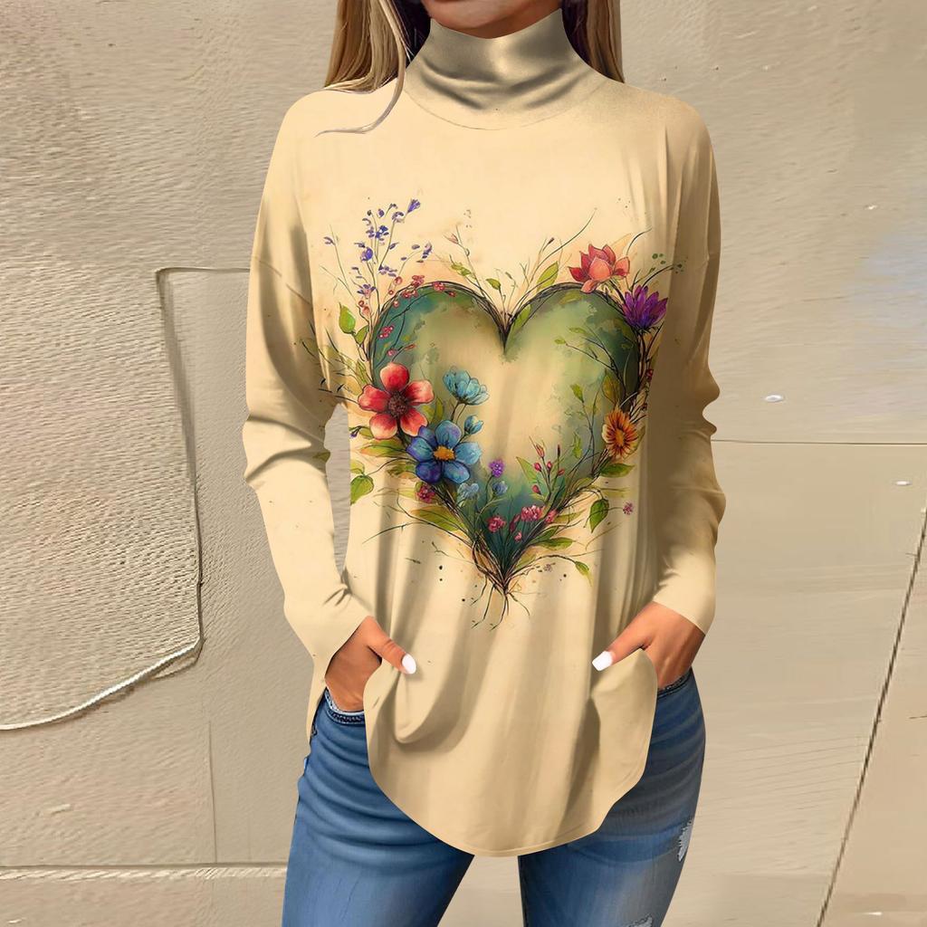 Tee Shirts For Women Fall Casual Long Sleeve Shirts Sweatshirt Vintage Printed High Neck Top Pullover