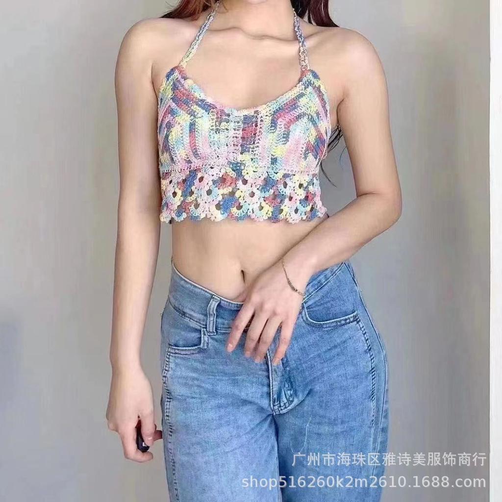 New fashionable and sexy tube top with small suspenders for women's summer seaside beach lace-up hollow knitted neck top