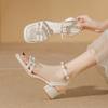 Summer new thick heel with buckle silver rhinestone sandals women's bow high heels