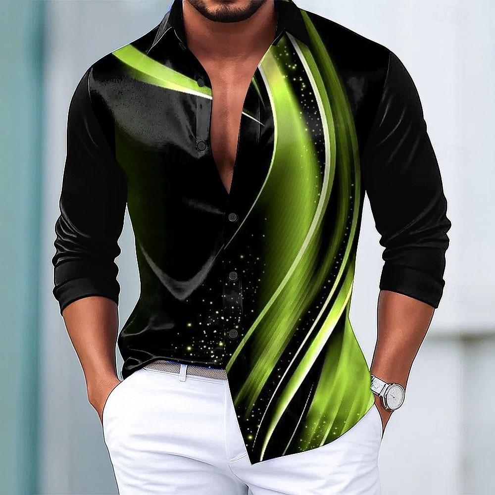 Men's Geometric Gradient Waves Shirt Fashion Shirt Button Up Shirt Casual Long Sleeve Shirt Street Blouse for Mens
