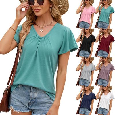 Summer Solid Color Pleated V-neck Loose Short-sleeved Women's T-shirt Top