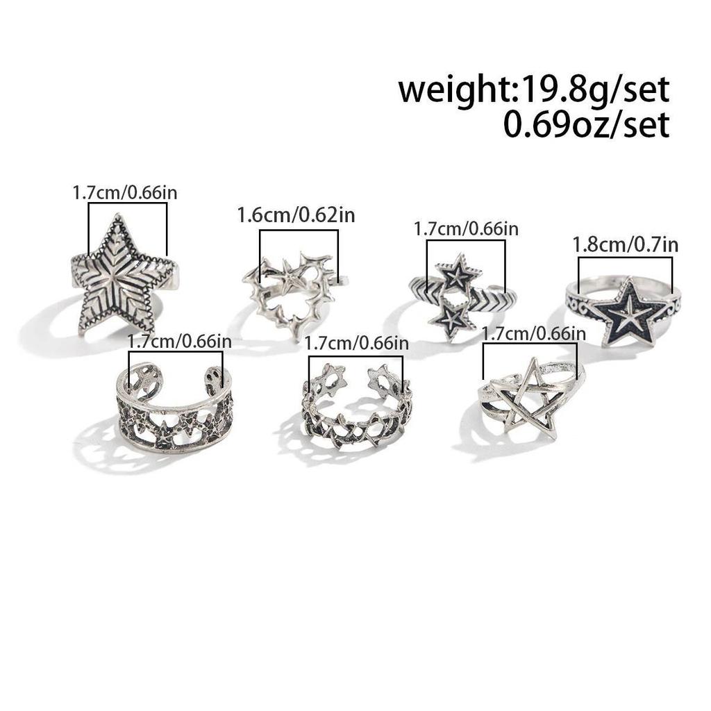 4/7Pcs Hip Hop Thorn Rings Unisex Star Heart Open Ring Sets Fashion Punk Gothic Exquisite Daily Wear Party Banquet Jewelry Gifts