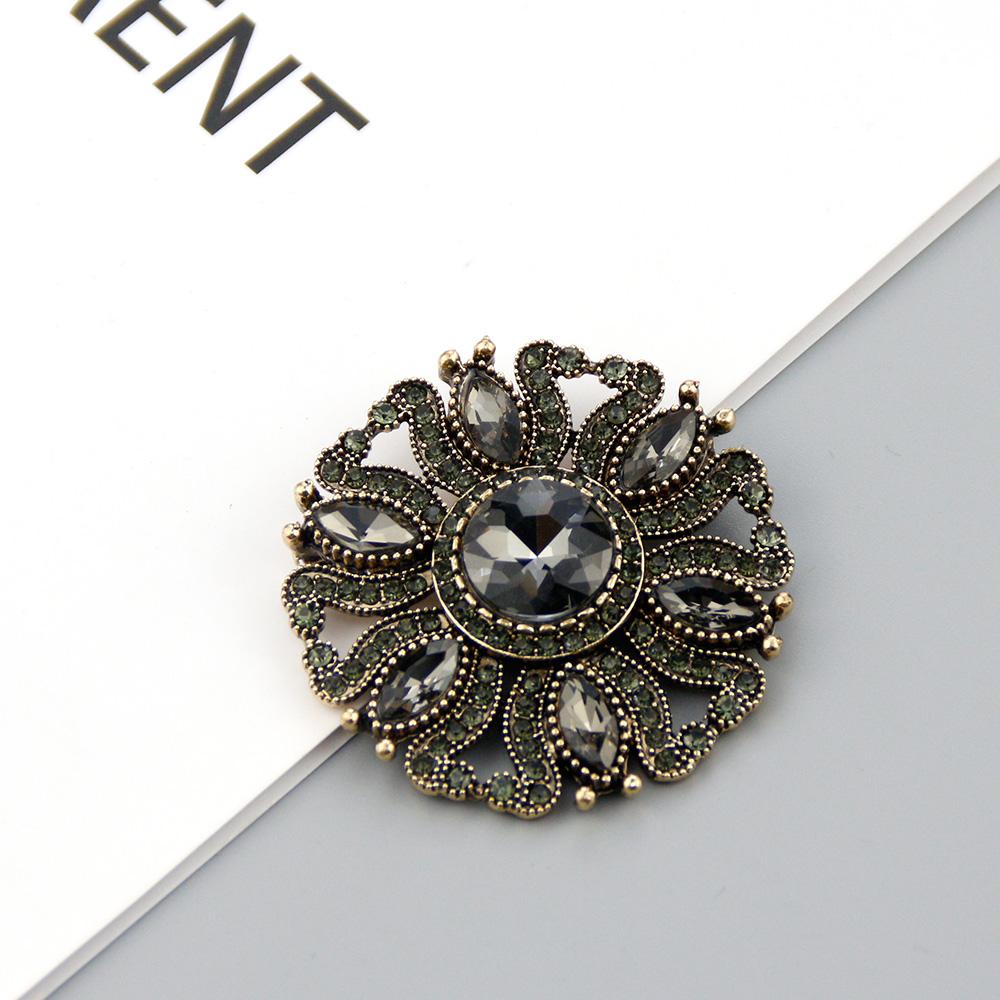 Vintage Gold Color Gray Crystal Round Bohemia Brooch For Women Jewelry Retro