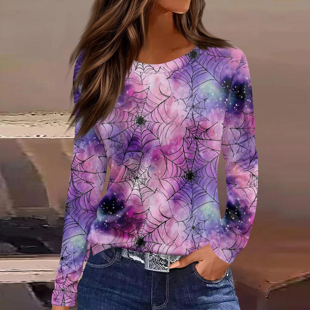 Women's Fashion Hem Slit Casual Halloween Printed Round Neck Long Sleeve Top