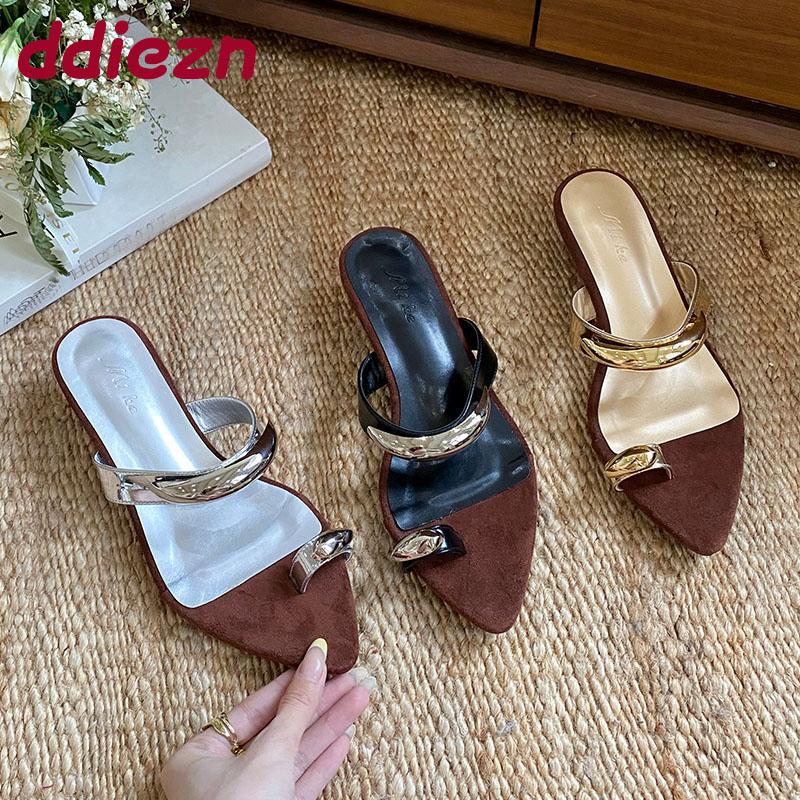 Fashion Fashion Metal Women Low Heel Slippers Shoes Shallow Female Slides Pointed Toe Ladies Heeled Slippers Shoes Sandals Flip flops
