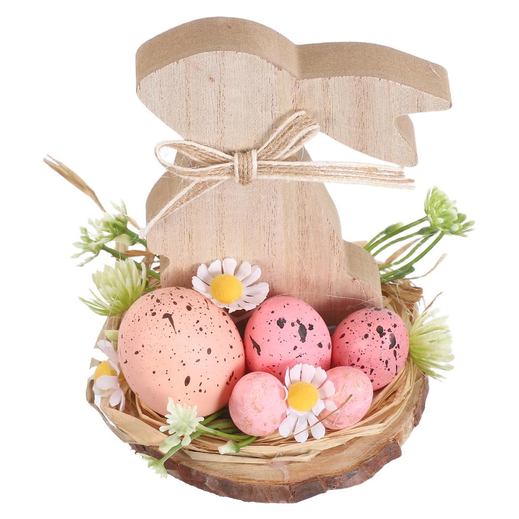 Vintage Wooden Easter Bunny Tabletop Centerpiece Farmhouse Spring Decor Egg Hugging Rabbit with Flowers for Dining Table Cabinet