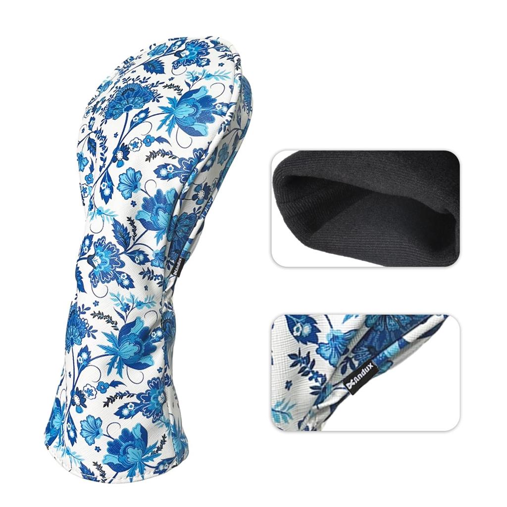 Andux 4st Blått och Vitt Porslinsmönster PU Golf Träklubbhuvudskydd 460cc Driver Cover Lång Hals