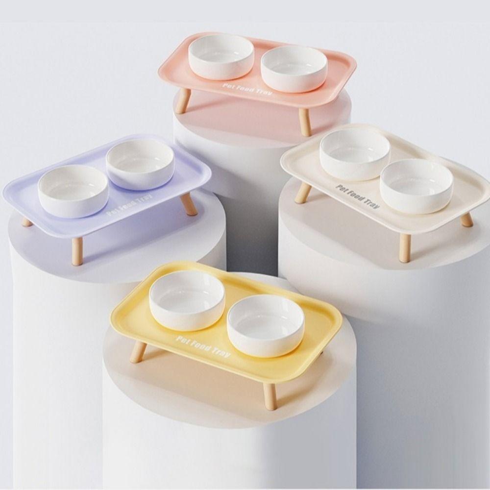 Large Capacity Pet Double Bowl Anti-Flip Neck Protection Ceramic Cat Bowl Anti-Splash Double-Way Pet Food Water Feeder