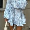 Blue and white floral shirt skirt women's European, American spring and summer new waist lantern sleeves short printed dress