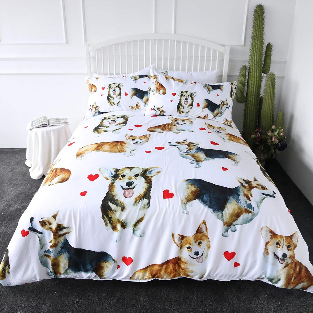 Pug Corgi Shiba Puppy Duvet Cover Set Dog Comforter Cover I Love Dogs Bedding Sets Kawaii Animals Cartoon Bedspreads Full Size