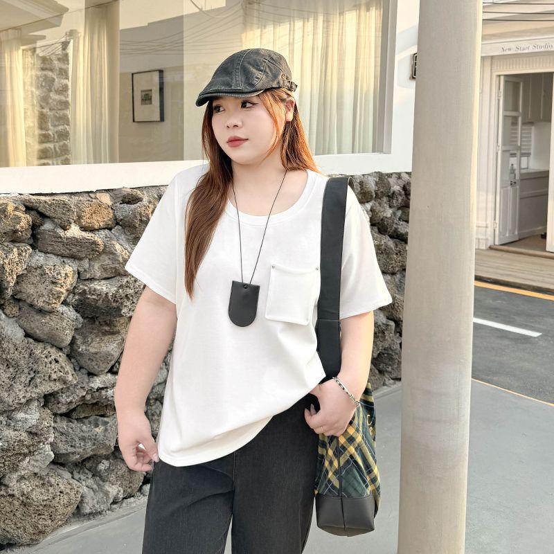 

Plus size women clothing [Minimalist Small White T] Chubby Girl Summer round Neck Short sleeve T-shirt 100.00kg Pocket Design Sense Top Cheese White 8xl