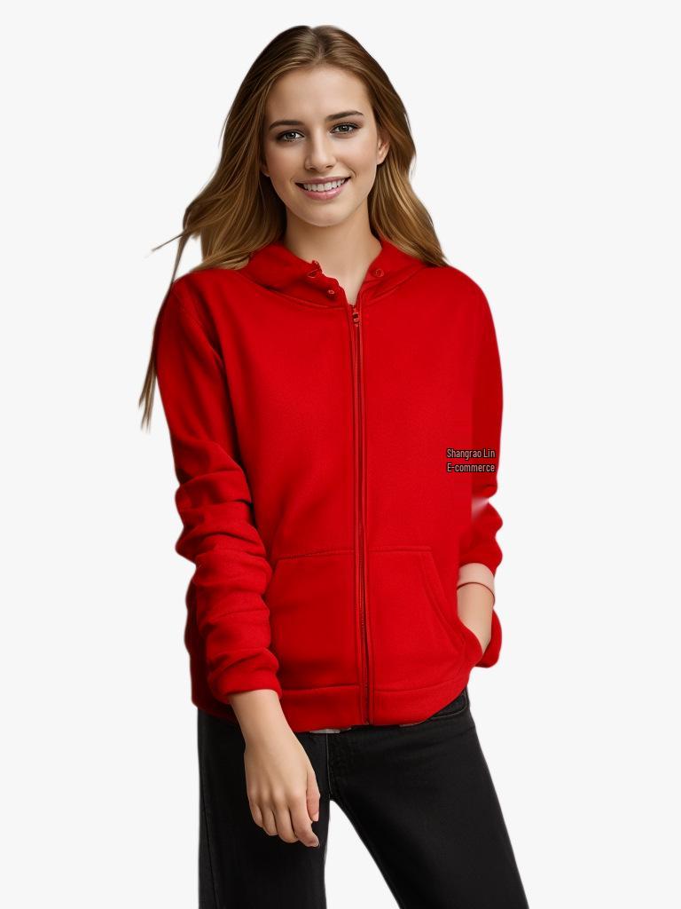 2023 Trendy Women's Solid Color Zipper Hooded Cardigan Jacket with Pockets