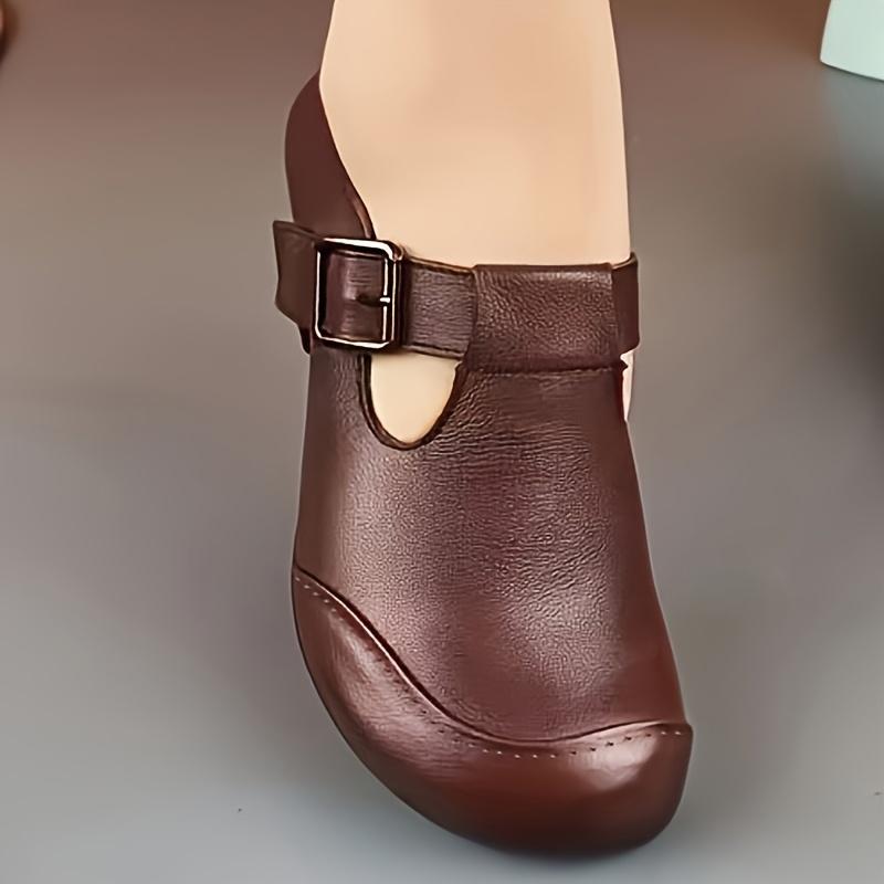 Women's Comfortable Chunky Heel Pumps - Black Faux Cover, Mid-Height Heel, Round Toe with Ankle Strap, Soft Sole Casual Shoes