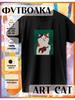 T-shirt with a Cat and Guitar Print
